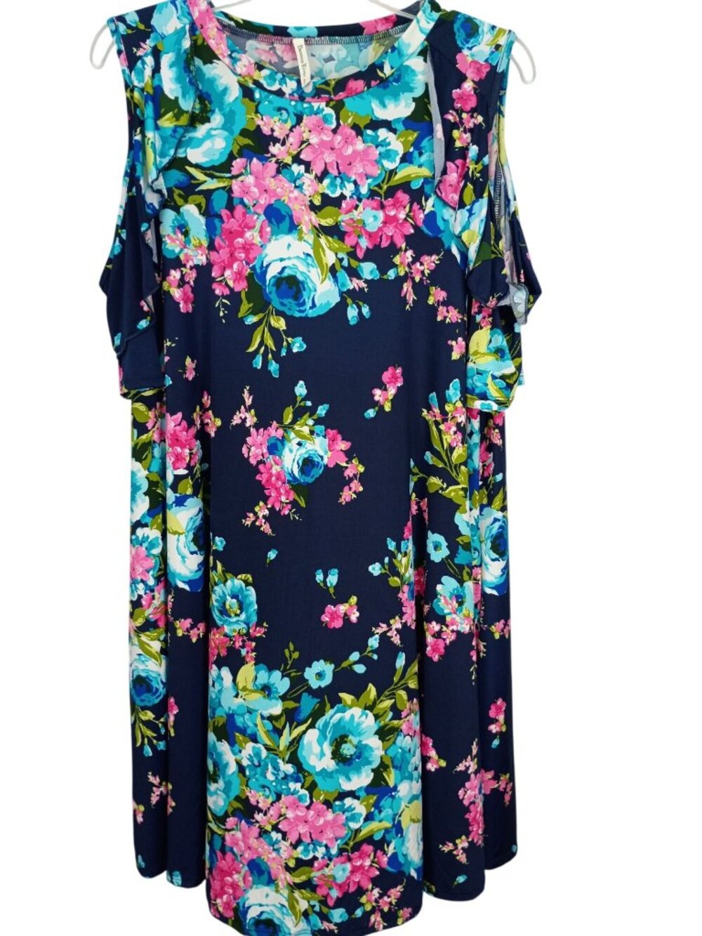 Beeson River Plus Floral Cold Shoulder Dress 3XL Navy Pink Blue